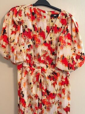 DKNY V-Neck Floral Print Dress in Red, Yellow & Black